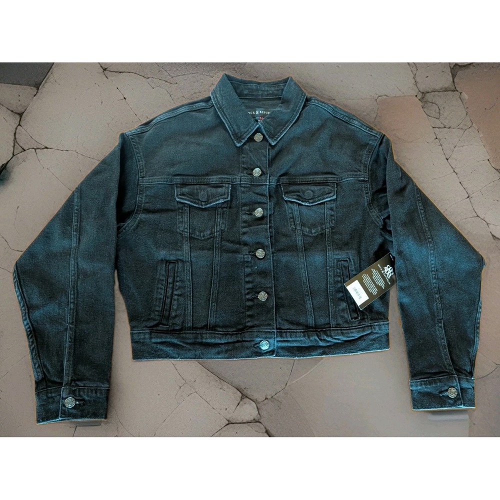 Rock & Republic Black Out Womens Faded Washed Denim Trucker Jacket Medium NEW
